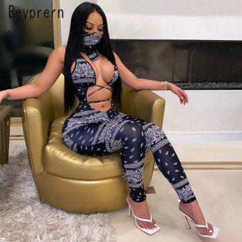 Beyprern Vintage Hollow Out Printed Laced Jumpsuit With Scarf Women Sexy Cut Out Bandage Long Pants Jumpsuit Romper Club Outfits